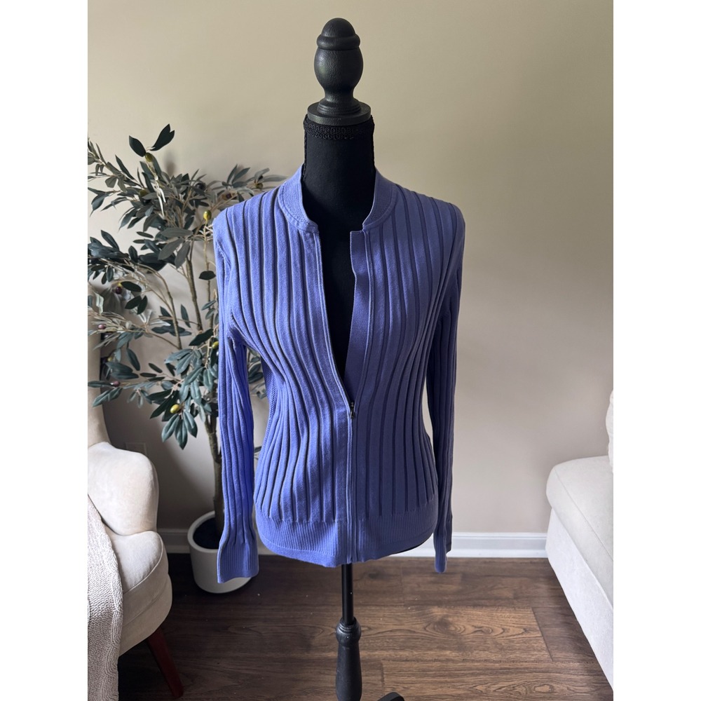 Athleta Womens Ribbed Full Zip Cardigan Sweater Periwinkle Blue Mock Neck Large